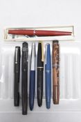 Seven fountain pens including a Conway 150, a Waterman ideal, Platignum Silverline with box,