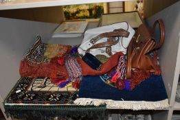 Two vintage 20th century carpet rugs, two modern ladies handbags and wall hangers