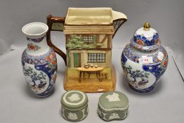 A Royal Doulton Dickens series ware jug along with Jasperware and two oriental vase