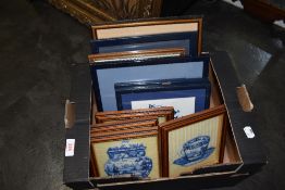 A selection of embroidery including blue and white ceramic images