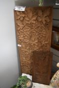 Two early 20th century oak carved panels and two Victorian photo portraits