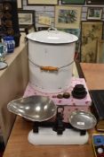 A set of 20th century Avery weighing scales with an enamel utility bin or bucket