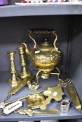 Antique and later hardware including Soutter and Sons brass embossed spirit kettle, a pair of candle