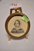 A mid Victorian miniature portrait sketch of a lady in dress