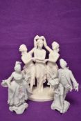 A pair of German porcelain figures of 18th century couple, and a John Nicholas figure base