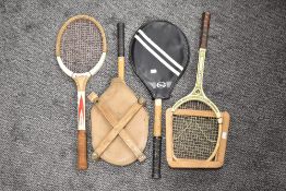 Four early 20th century tennis rackets including Slazenger, Oliver and Red Eagle