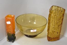 Mid century glass inlcuding White Friars style orange vase, amber glass bark texture vase and bowl