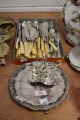 A selection of 20th century cutlery and table wares including condiment set and footed tray