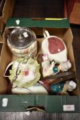 A selection of ceramics including biscuit barrel, Carlton ware and book ends