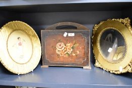 Two Victorian oval frames having gilt and gesso design with a needle work of Chinese lady and mirror