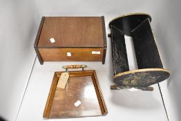 Treen wood items including sewing case, crumb tray and painted book trough with ships and galleon