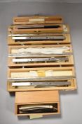 Three Jung Microtome laboratory blades, A Cambridge Rocking Microtome knife and a selection of cut