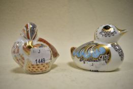 A Royal Crown Derby Collectors guild duckling and another duckling having gold stopper.