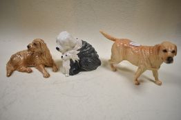 Three Royal Doulton dog studies, gloss finish, to include Labrador, Old English sheep dog and