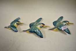 Three Beswick Wall Plaques, Kingfisher 729-2 x2 one restored, 729-3 restored