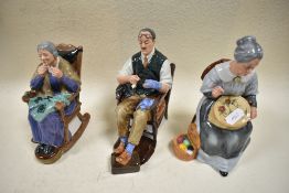 Three Royal Doulton figurines to include; Stitch in time and The Bachelor.