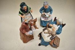 Four Royal Doulton figures, Old Mother Hubbard HN2314, Nanny HN2221, Teatime HN2255, and the