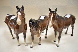 Three early Beswick studies all having two holes under belly, Bois Roussel 701, Mare facing left 976