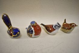 Four Royal Crown Derby birds having gold stoppers to bases,to include; Jenny Wren and Crested Tit.