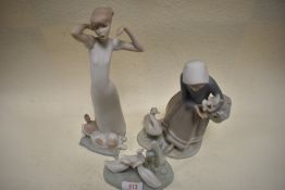 A Nao Figurine, three Geese, a Lladro figurine of girl with Geese and basket and another similar