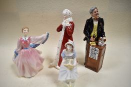 Three Royal Doulton figures including Wintertime HN3060, Gay Morning HN2135, The Auctioneer HN2988