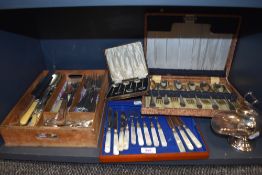 A selection of cutlery, table and flat wares including silver plated salt cellar and mother of pearl