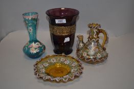 Three pieces of Spanish art glass including jug and bowl, and a Walther Sohne style purple vase