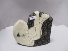 A 20th century modern Jude Jelfs 'chair' studio pottery sculpture of erotic and nude subject