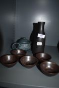 A Japanese sake decanter and bowl set with a small Zisha tea pot having poem inscribed