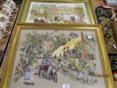 Two early 20th century needle work pictures of country scenes in gilt frames