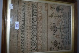 A George III pictorial and alphabet needlework sampler in polychrome threads by Jane Deaville 1797