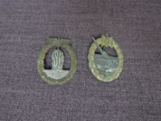 Two German Badges, Kriegsmarine Mine sweepers and Naval Artillery War, no marking seen