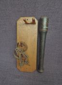 A Victorian Truncheon, length 37cm having wooden presentation stand along with a pair of Handcuffs