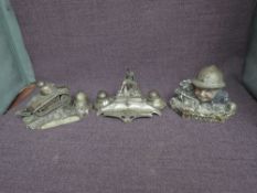 Three WW1 related Inkwells, Silver Plated Tank going over Trenches bearing signature Ouveb, Silver