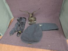 A RAF Beret and Side Cap along with two similar ties also a bronze effect presentation plaque having