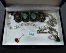 A small selection of white metal jewellery including Arabic style bracelet, Baltic amber earrings,