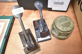 Two letter head stamps including Hawkshead and Victoria Axel works nut