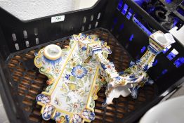 A Majolica styled ink well set with candle sticks