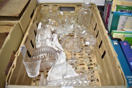 A selection of clear cut crystal glass wares including two Waterford wine glasses