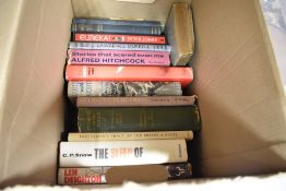 Two boxes of library volumes including Alfred Hitchcock