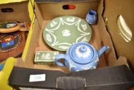 A Dudson tea pot having blue ground with white classical scene relief pattern and three items of