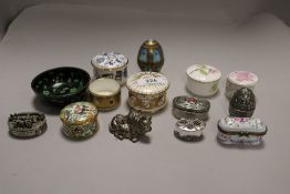 A selection of miniature pill cases and ceramics including cloisonne bowl