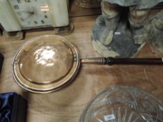 A Victorian bed warming pan with mahogany handle and copper coal pan