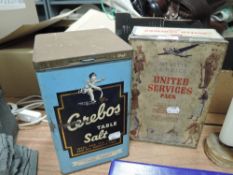Two early 20th century advertising tins including United Services Pack and Cerebos