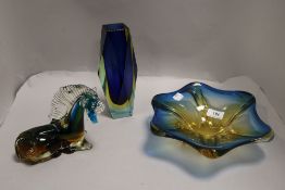 A selection of mid century art glass including Prisma vase having yellow and blue cut, a similar