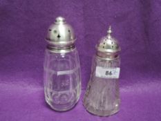 Two glass sugar casters having cut glass decoration and HM silver lids