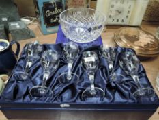 A modern boxed set of Gleneagles etched wine glasses with a Royal Doulton crystal glass fruit bowl