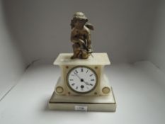An early 20th century alabaster mantel clock having gilt cherub to top, enamel face and Roman