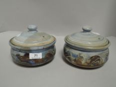 Two 20th century studio pottery lidded bowls in earthen ware with decorated design