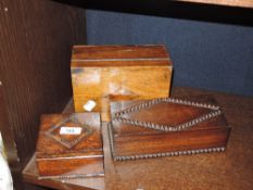 Three wooden box containers including two oak cigarette boxes and an inlaid jewellery case